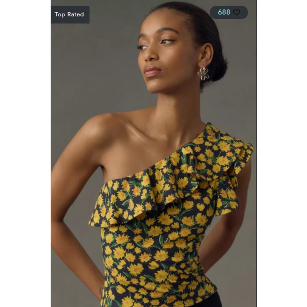 Anthropologie MAEVE One-Shoulder Ruffled Top in Yellow Floral Size M $58
